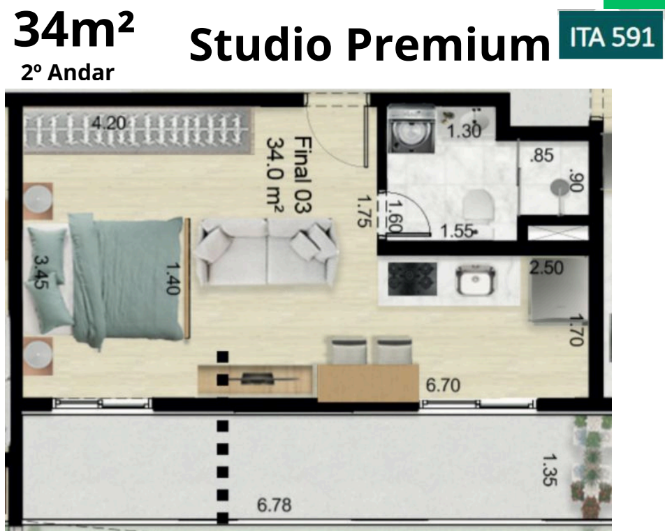 Studio à venda com 34m², 0 quartos sem vaga - 34